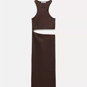 Zara Chocolate Ribbed Midi Dress with Cutout